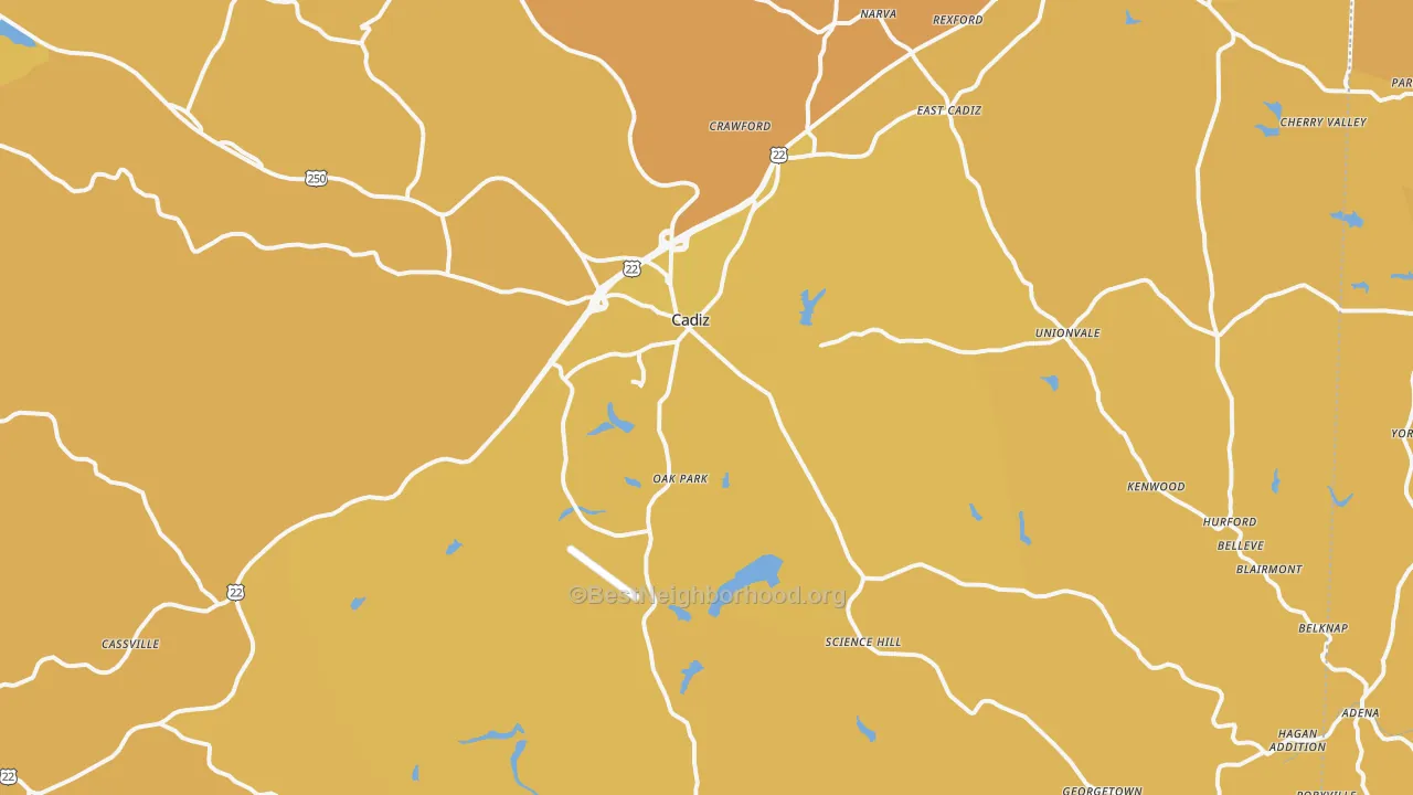 Map of the best neighborhoods in the 43907 area, with better matches in green and worse matches in red