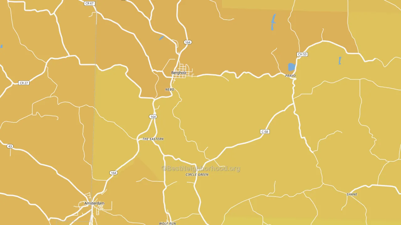 Map of the best neighborhoods in the 43908 area, with better matches in green and worse matches in red