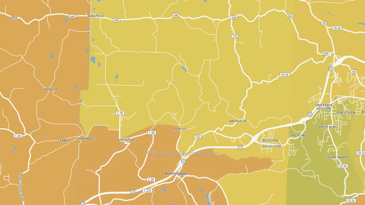 Map of the best neighborhoods in the 43910 area, with better matches in green and worse matches in red