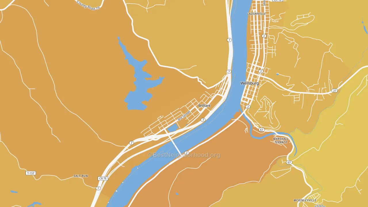 Map of the best neighborhoods in the 43913 area, with better matches in green and worse matches in red