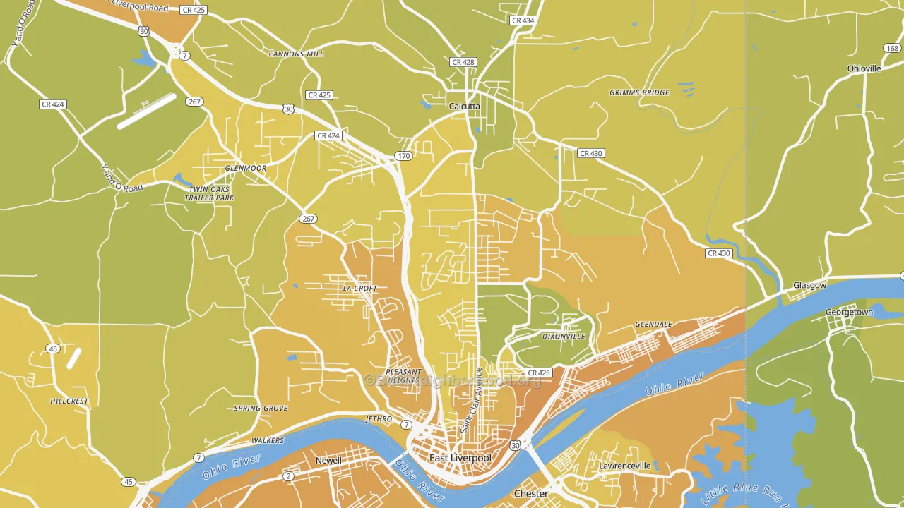 Map of the best neighborhoods in the 43920 area, with better matches in green and worse matches in red