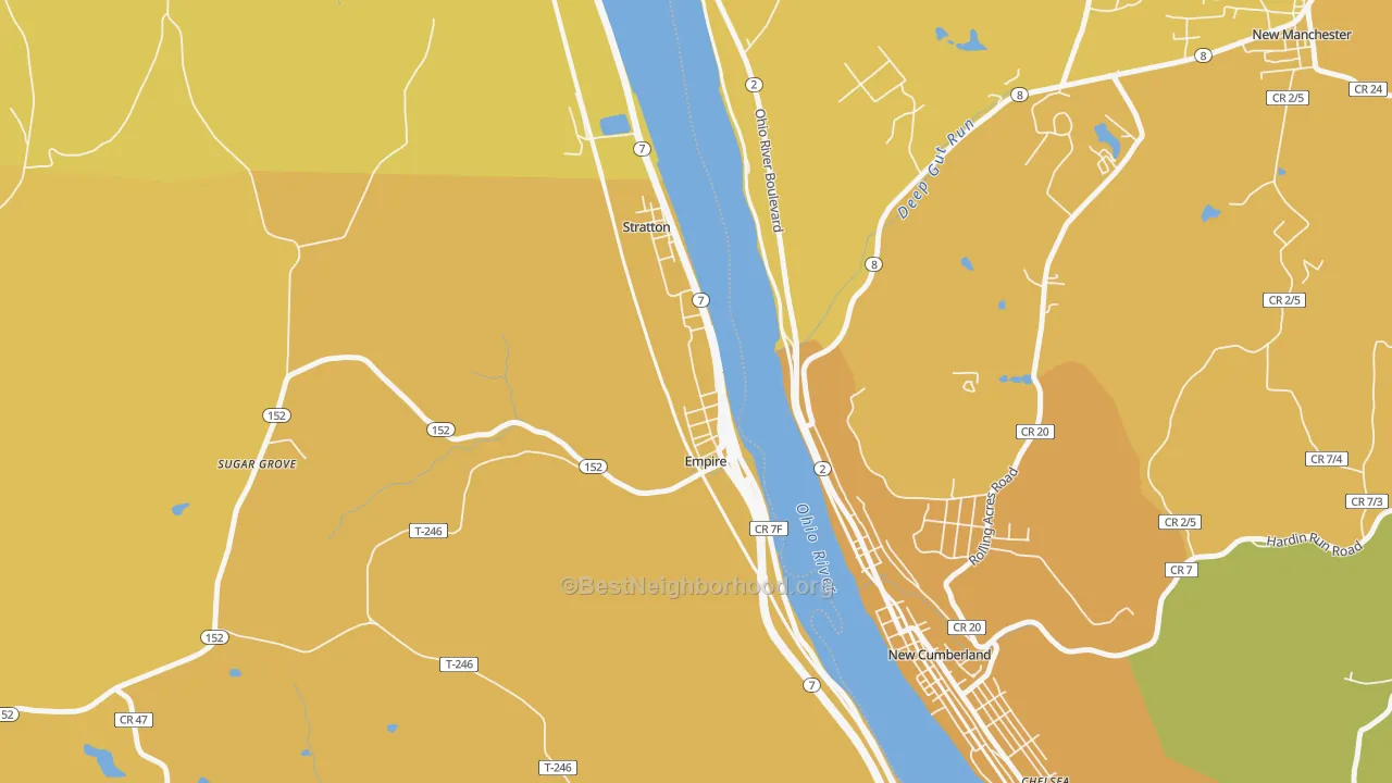 Map of the best neighborhoods in the 43926 area, with better matches in green and worse matches in red
