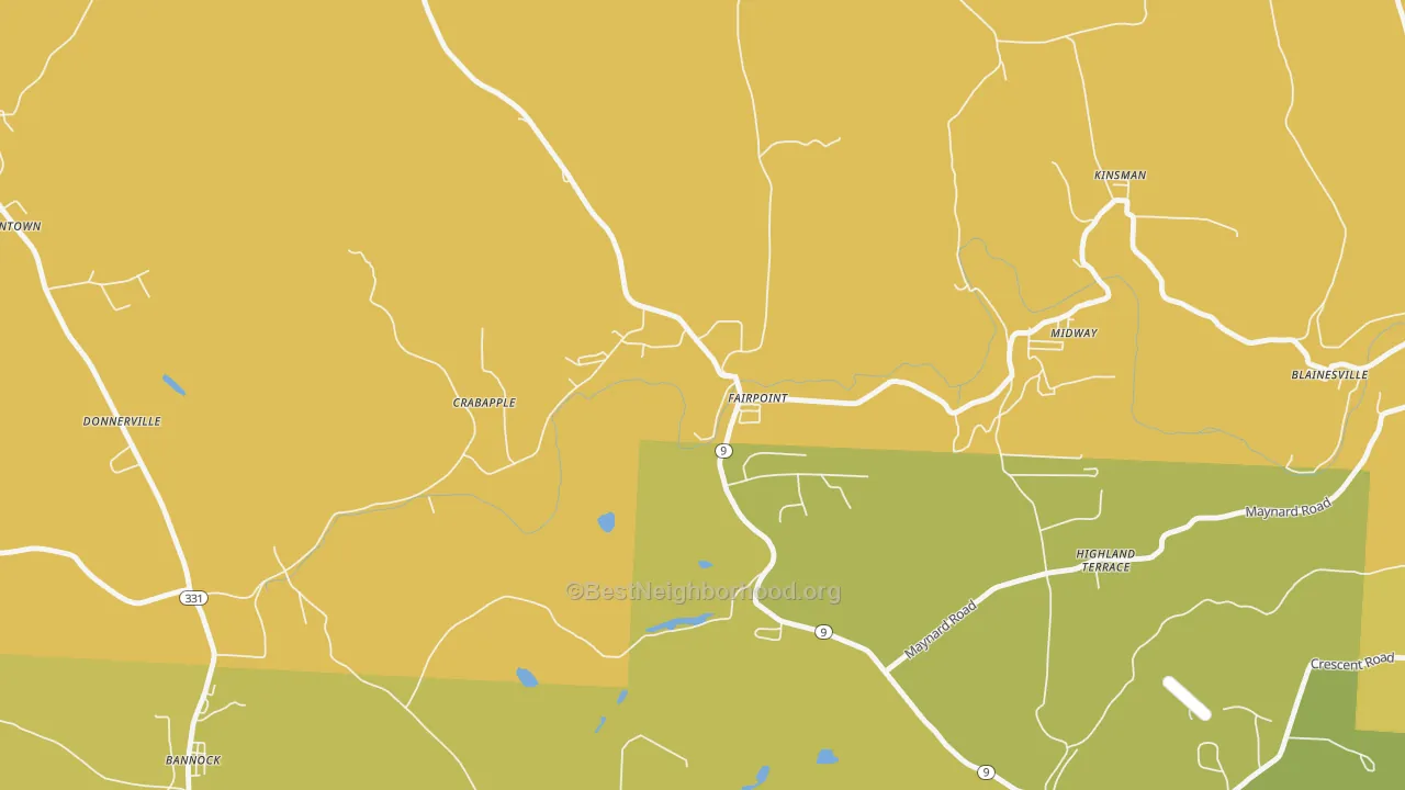 Map of the best neighborhoods in the 43927 area, with better matches in green and worse matches in red