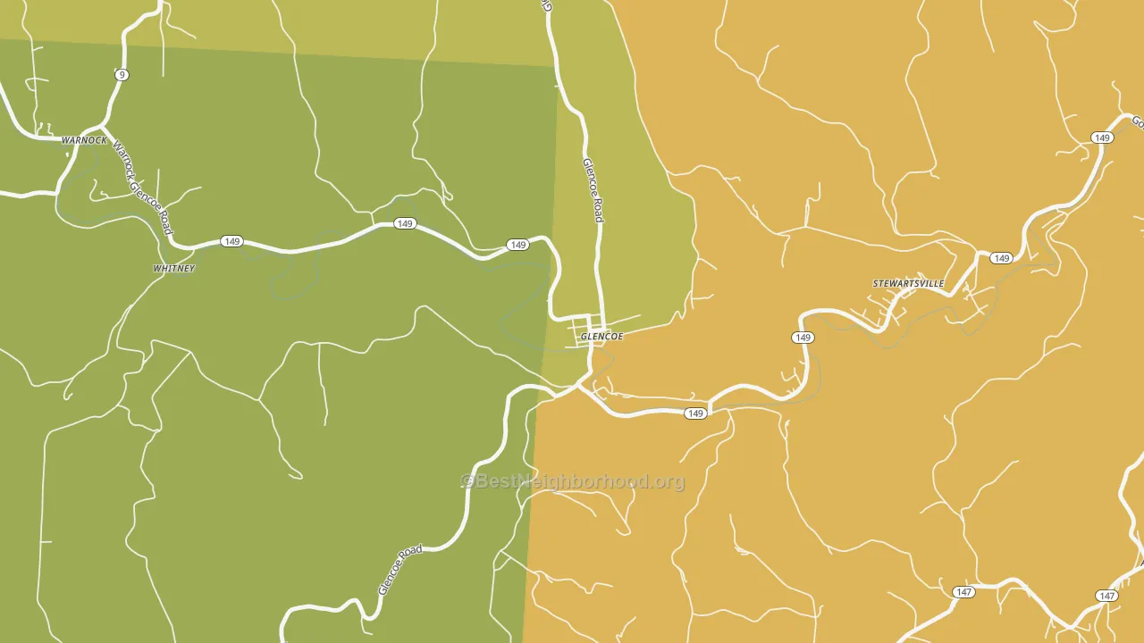 Map of the best neighborhoods in the 43928 area, with better matches in green and worse matches in red