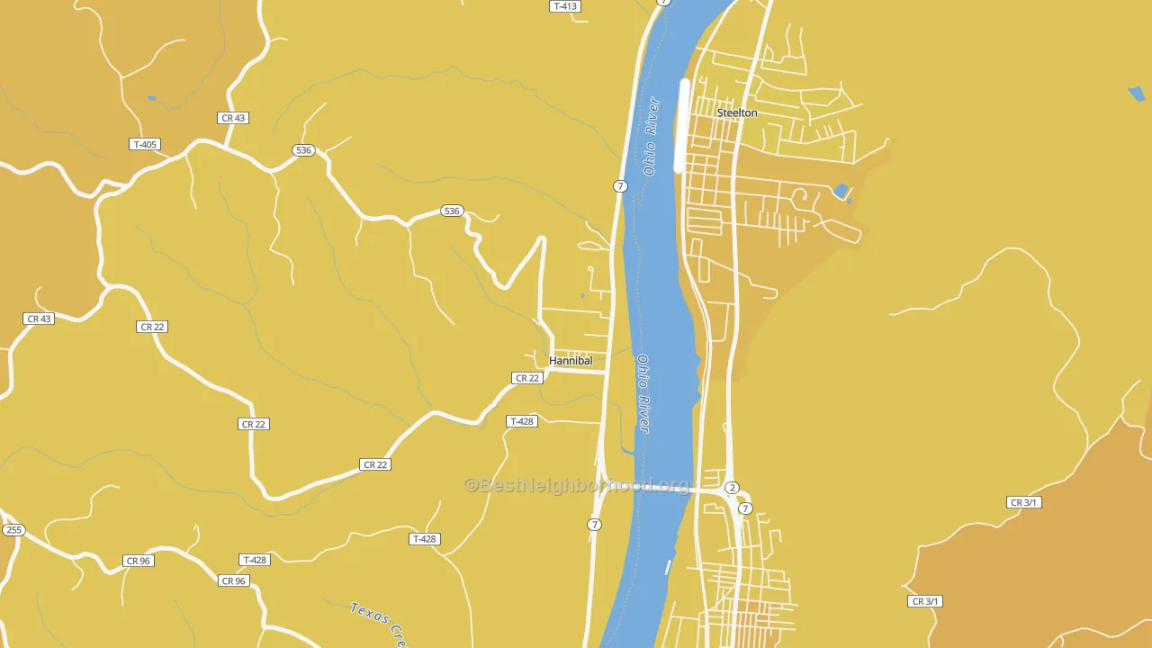 Map of the best neighborhoods in the 43931 area, with better matches in green and worse matches in red