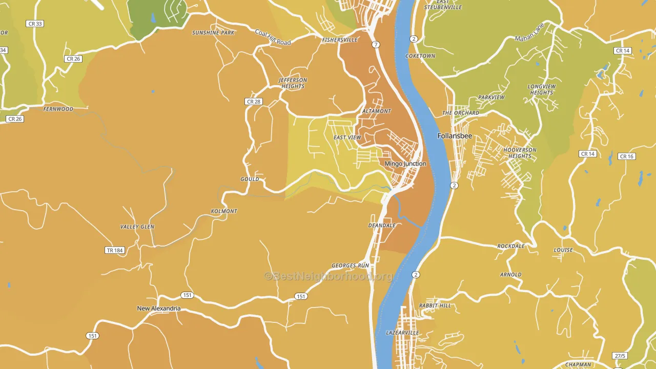 Map of the best neighborhoods in the 43938 area, with better matches in green and worse matches in red