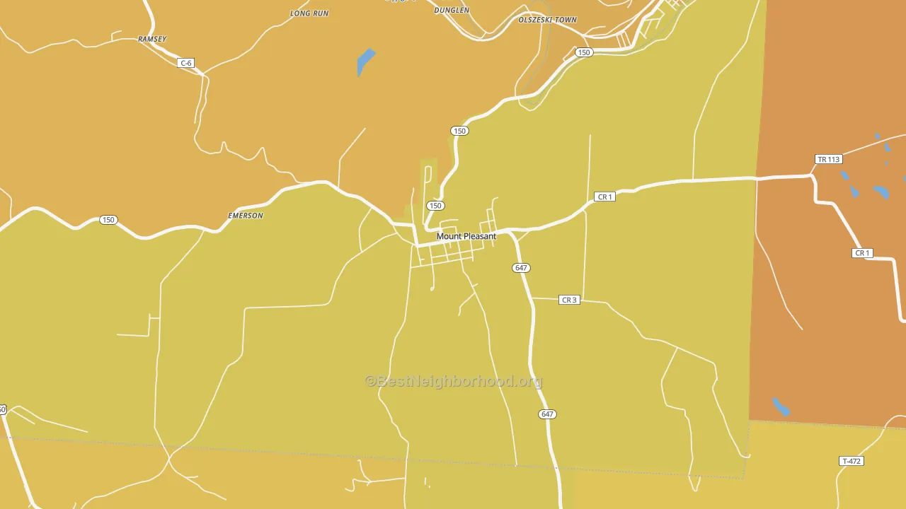 Map of the best neighborhoods in the 43939 area, with better matches in green and worse matches in red