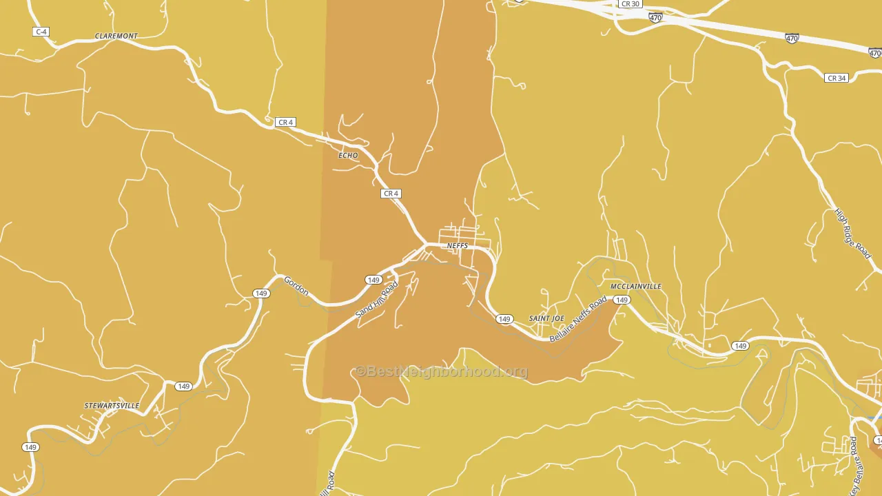 Map of the best neighborhoods in the 43940 area, with better matches in green and worse matches in red