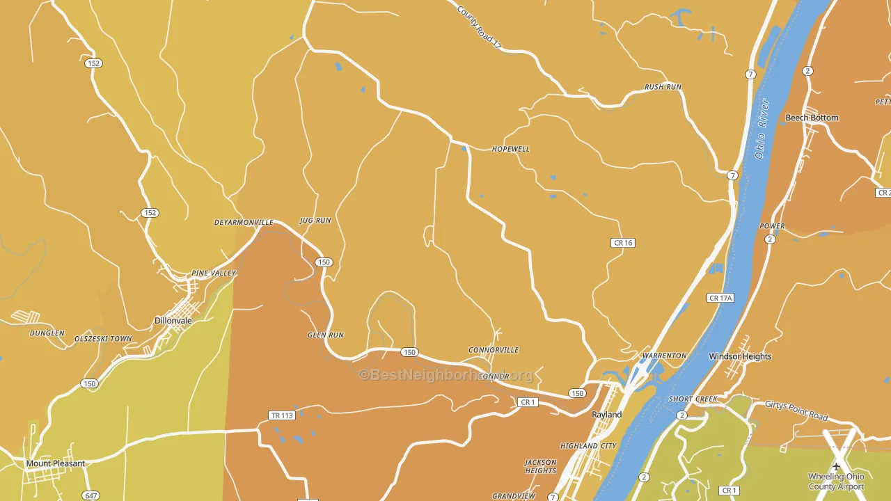 Map of the best neighborhoods in the 43943 area, with better matches in green and worse matches in red