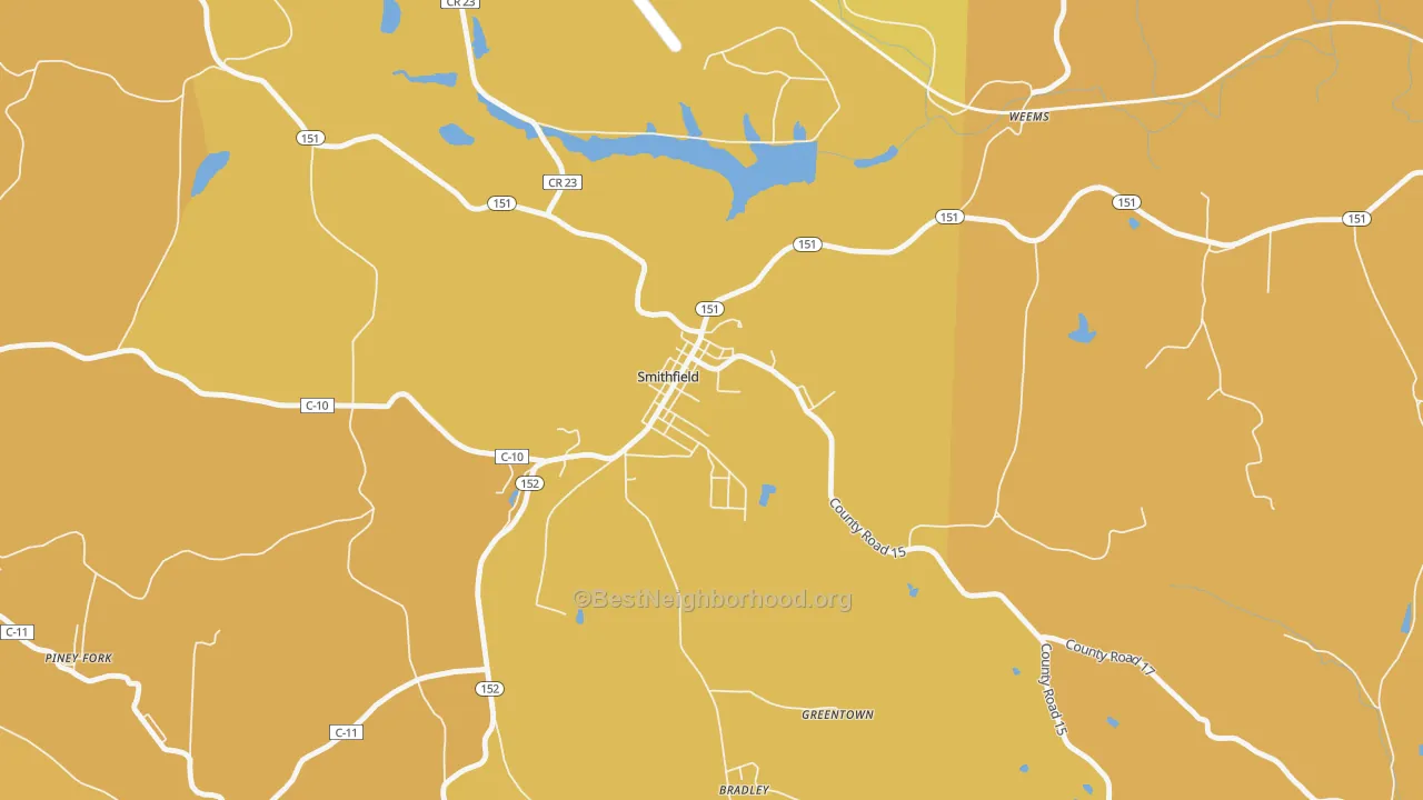 Map of the best neighborhoods in the 43948 area, with better matches in green and worse matches in red