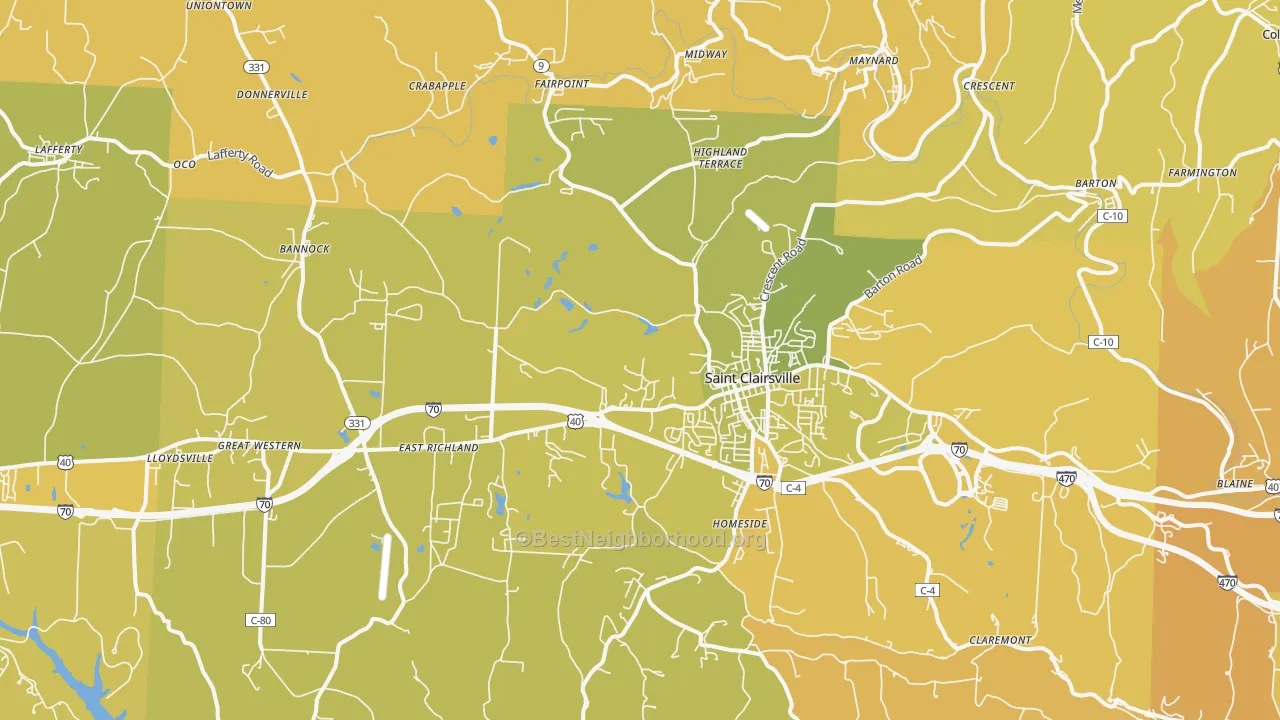 Map of the best neighborhoods in the 43950 area, with better matches in green and worse matches in red