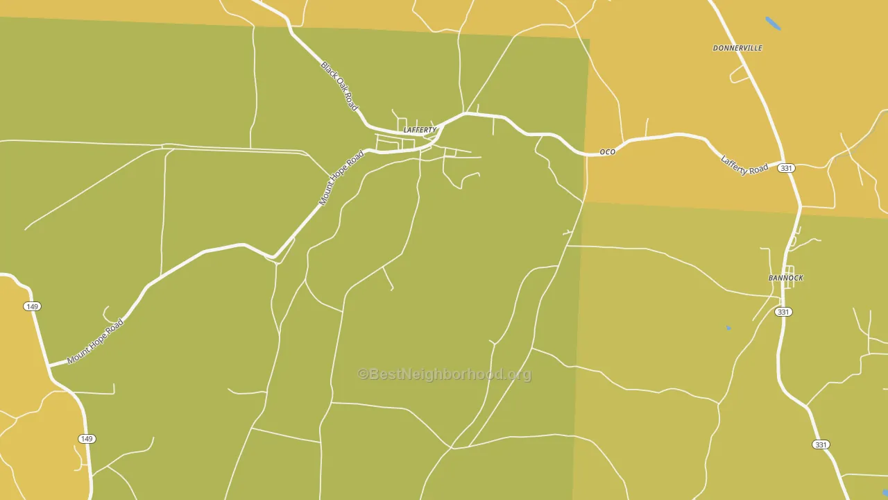 Map of the best neighborhoods in the 43951 area, with better matches in green and worse matches in red