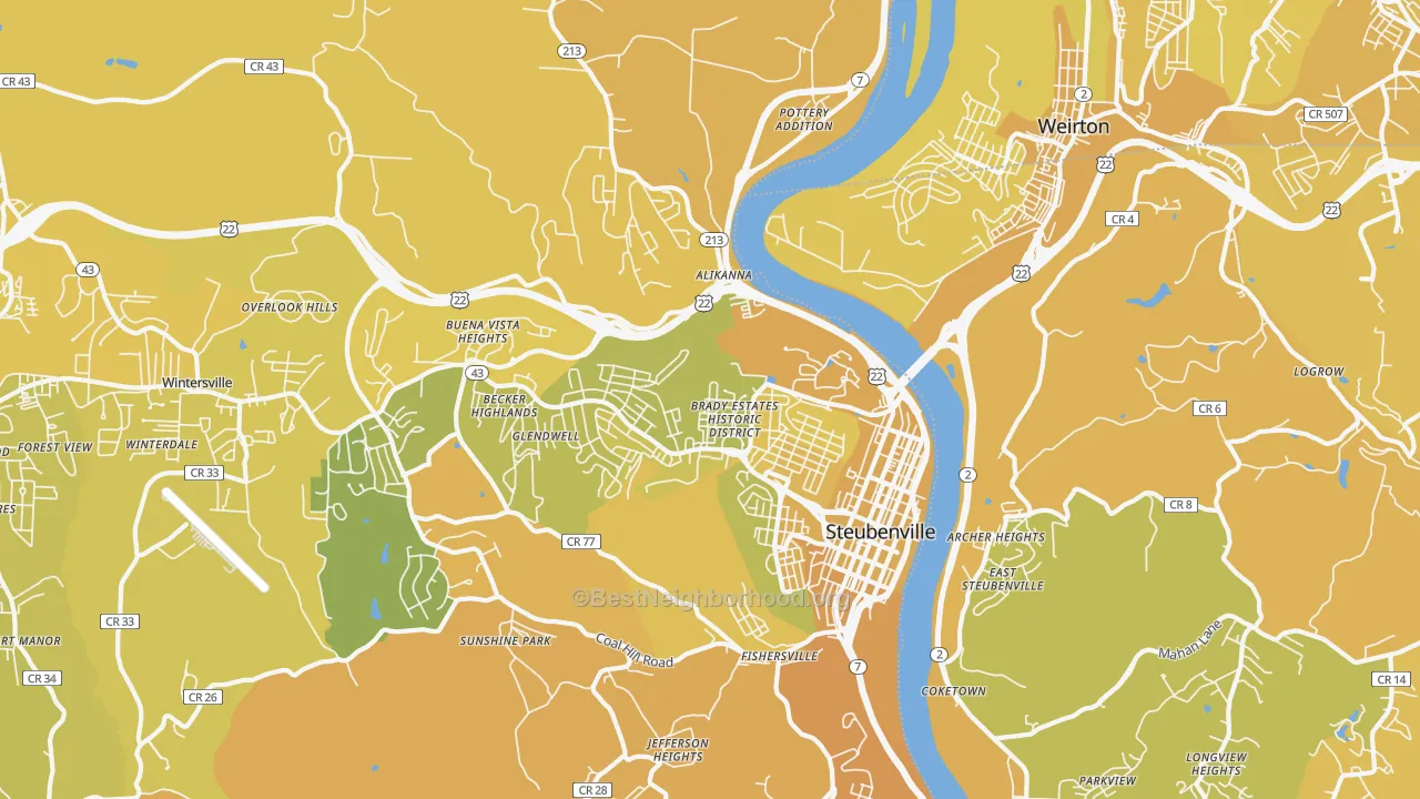 Map of the best neighborhoods in the 43952 area, with better matches in green and worse matches in red