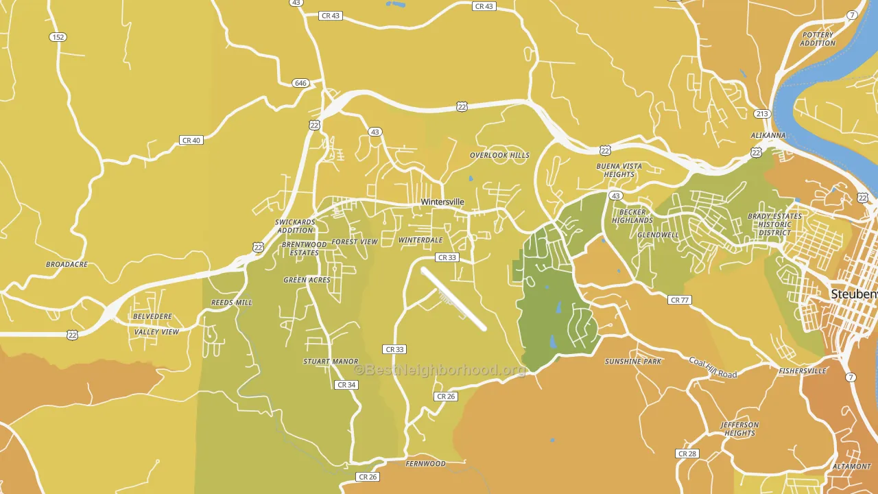 Map of the best neighborhoods in the 43953 area, with better matches in green and worse matches in red