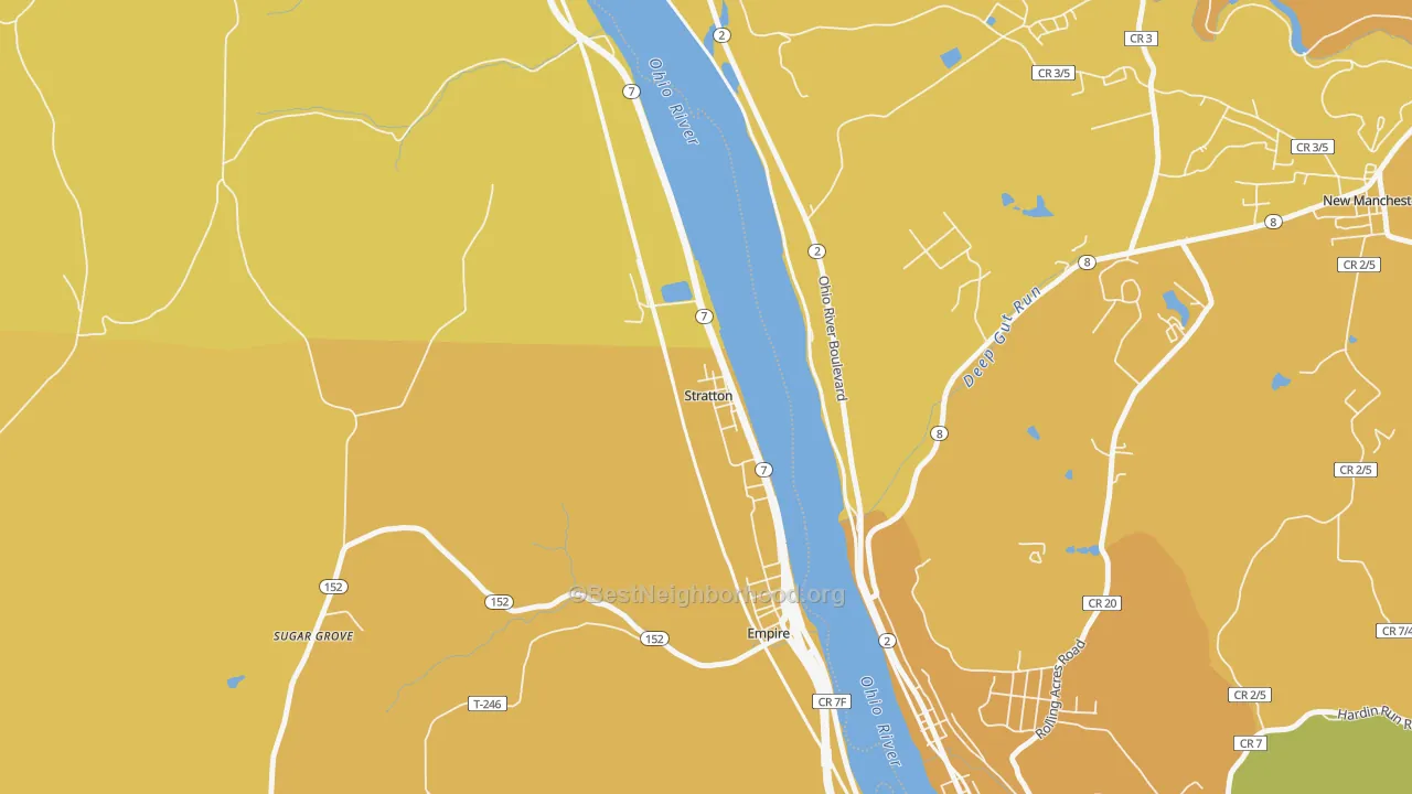 Map of the best neighborhoods in the 43961 area, with better matches in green and worse matches in red