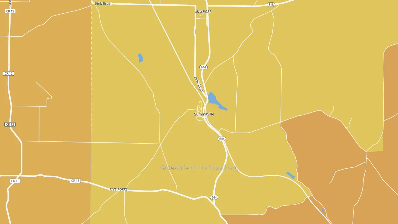 Map of the best neighborhoods in the 43962 area, with better matches in green and worse matches in red
