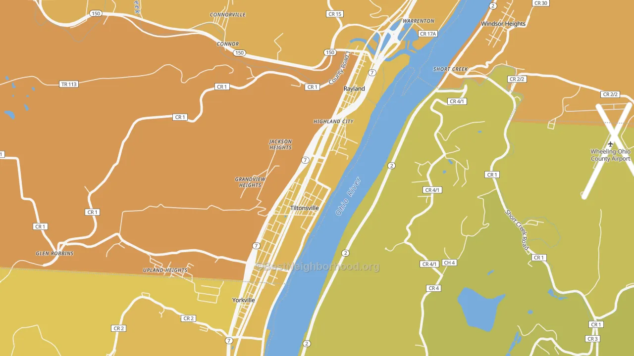 Map of the best neighborhoods in the 43963 area, with better matches in green and worse matches in red