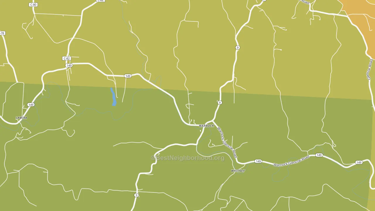 Map of the best neighborhoods in the 43967 area, with better matches in green and worse matches in red