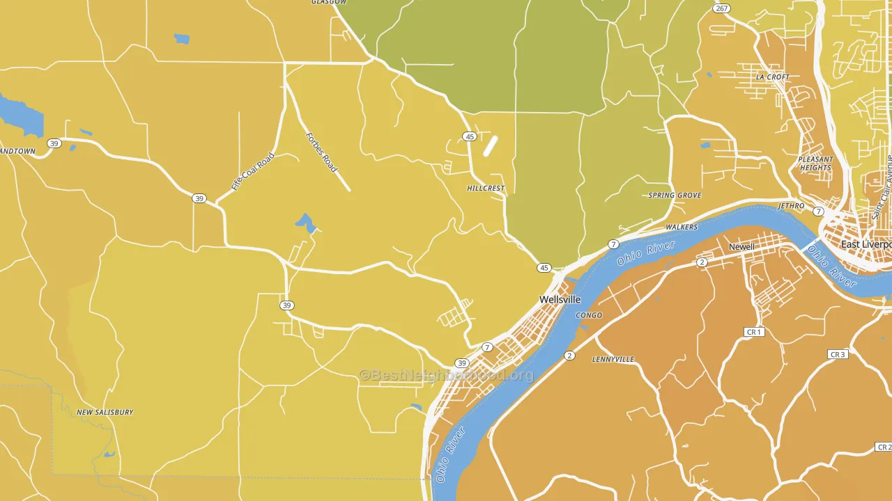 Map of the best neighborhoods in the 43968 area, with better matches in green and worse matches in red