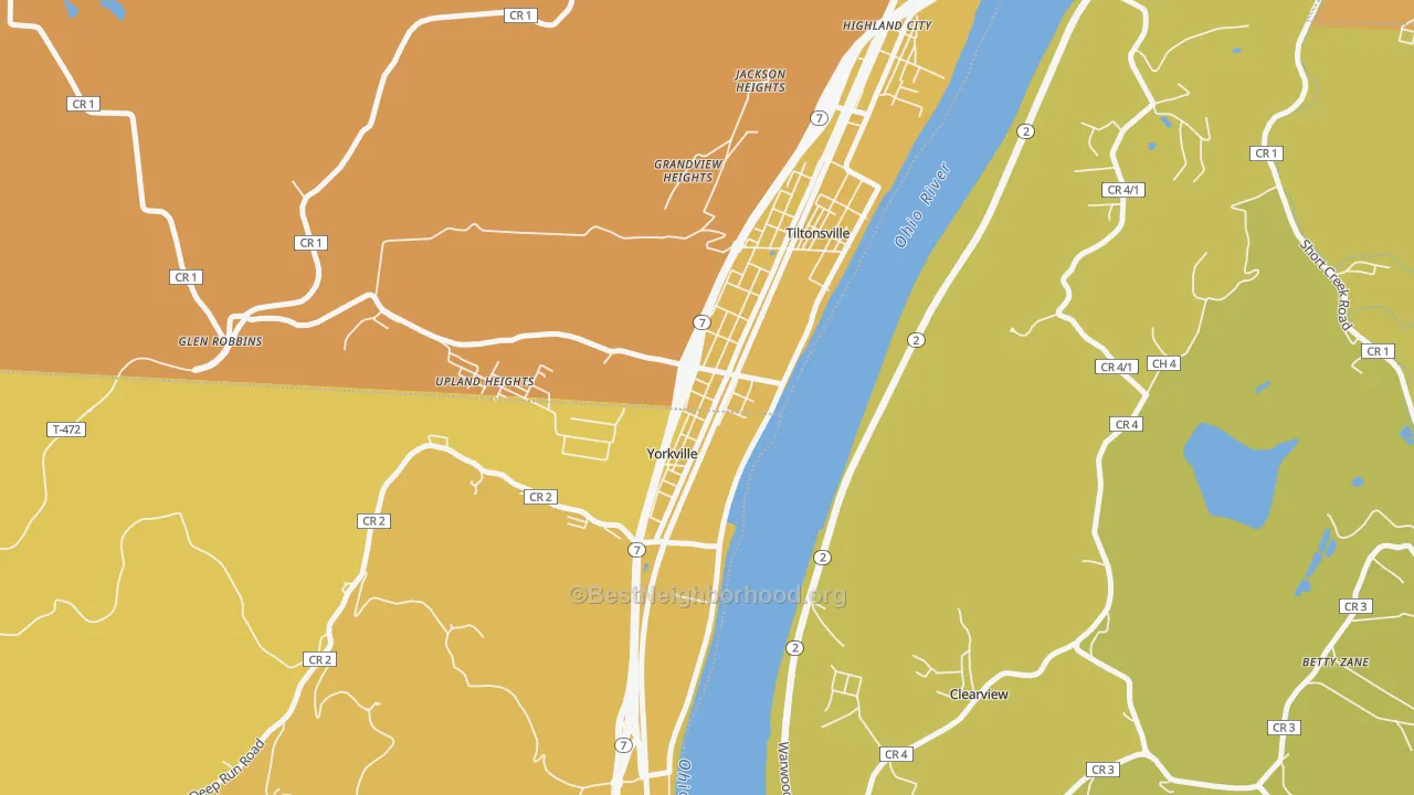 Map of the best neighborhoods in the 43971 area, with better matches in green and worse matches in red