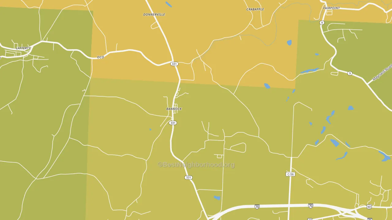 Map of the best neighborhoods in the 43972 area, with better matches in green and worse matches in red