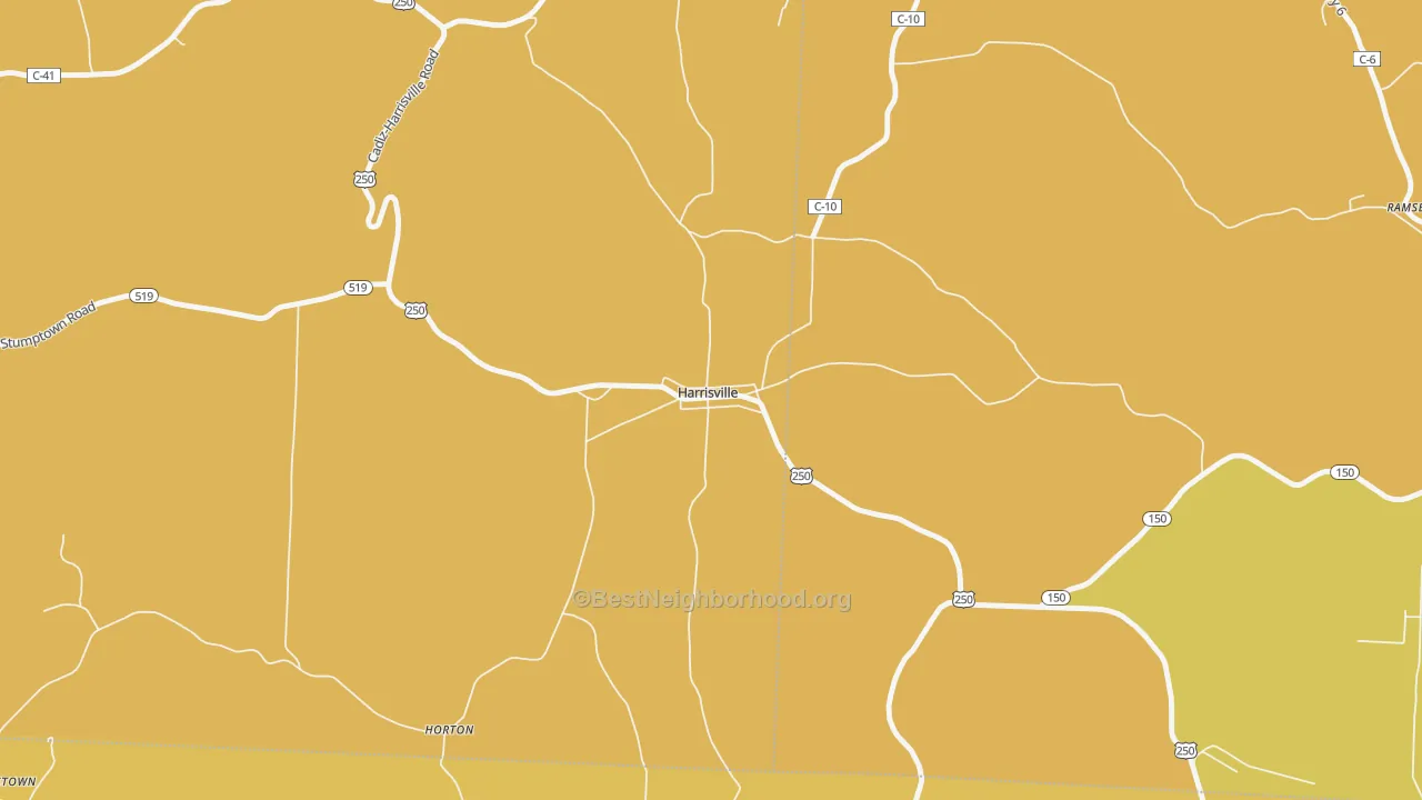 Map of the best neighborhoods in the 43974 area, with better matches in green and worse matches in red