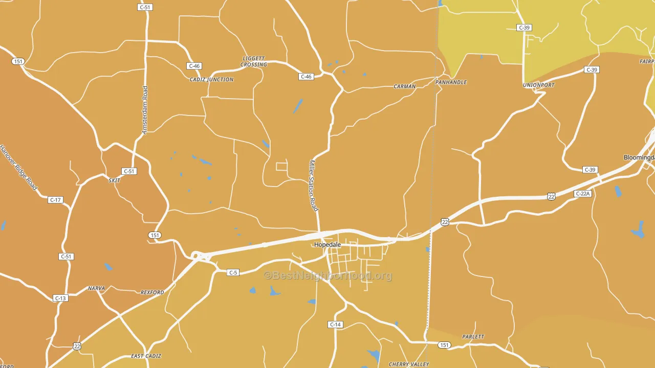 Map of the best neighborhoods in the 43976 area, with better matches in green and worse matches in red
