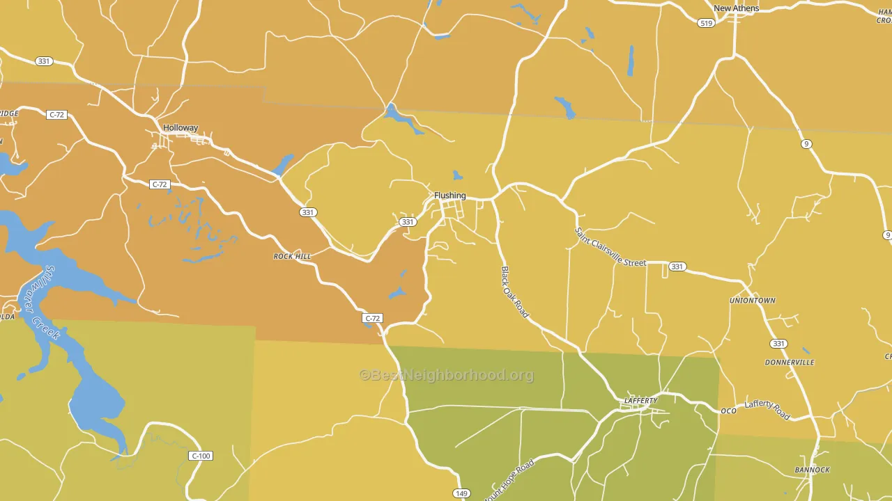 Map of the best neighborhoods in the 43977 area, with better matches in green and worse matches in red