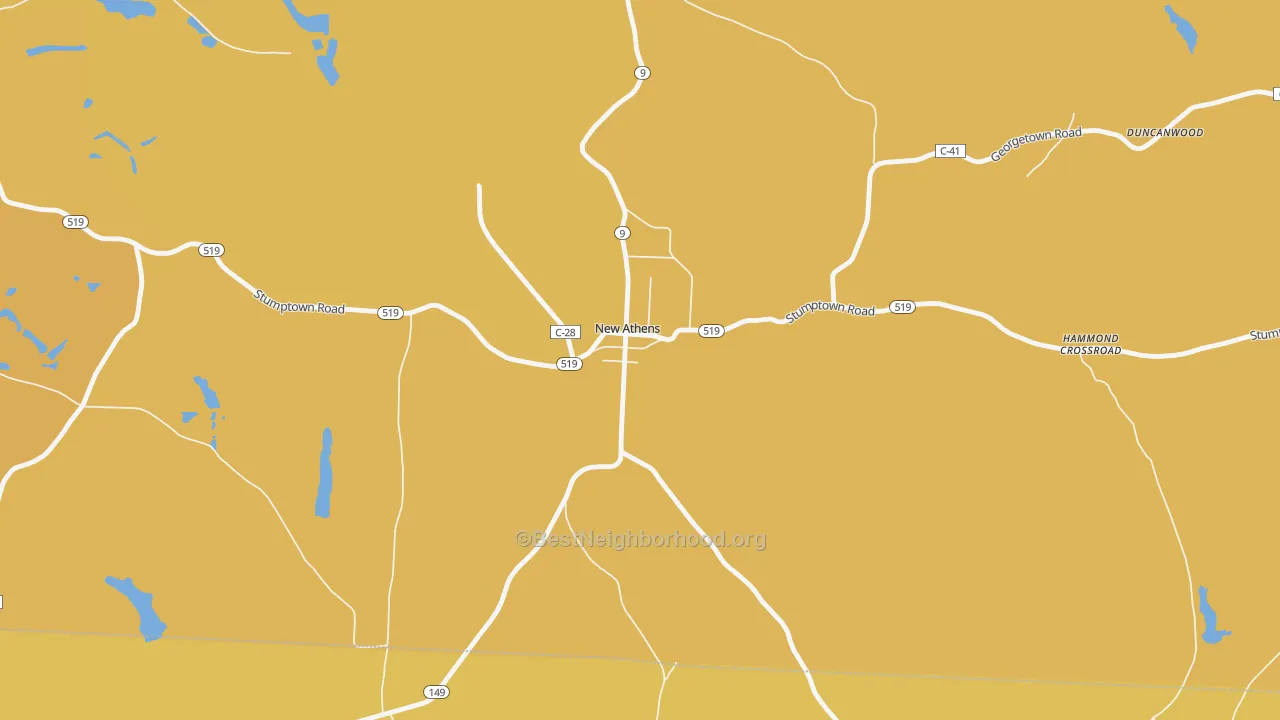 Map of the best neighborhoods in the 43981 area, with better matches in green and worse matches in red