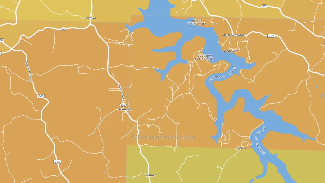 Map of the best neighborhoods in the 43983 area, with better matches in green and worse matches in red