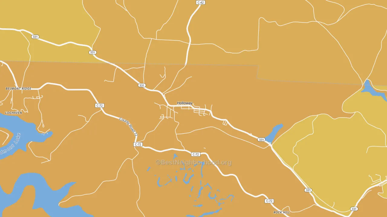 Map of the best neighborhoods in the 43985 area, with better matches in green and worse matches in red