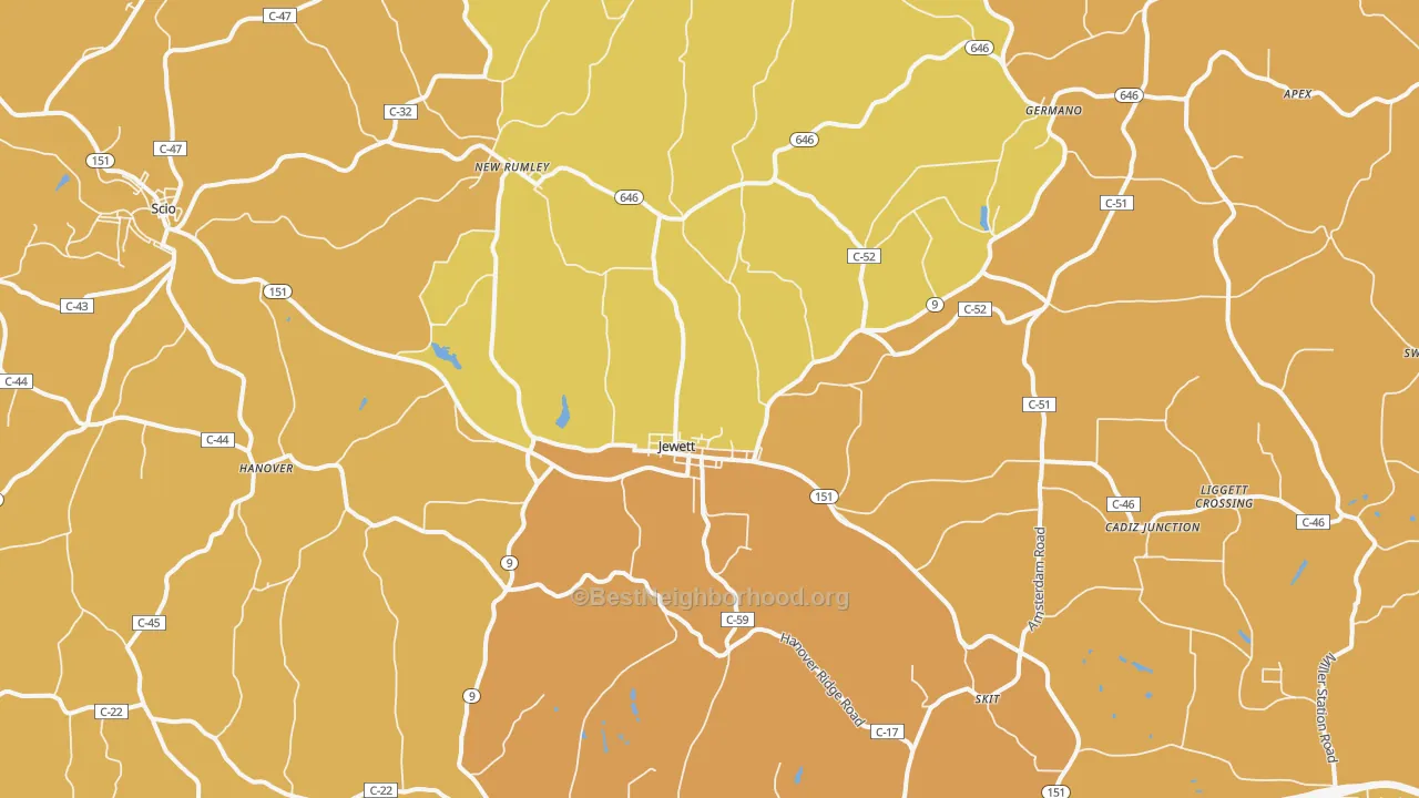 Map of the best neighborhoods in the 43986 area, with better matches in green and worse matches in red