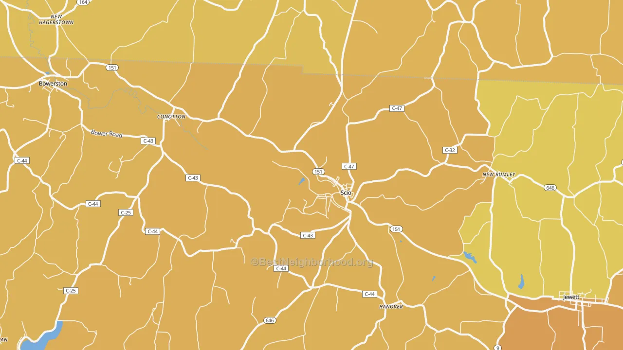 Map of the best neighborhoods in the 43988 area, with better matches in green and worse matches in red