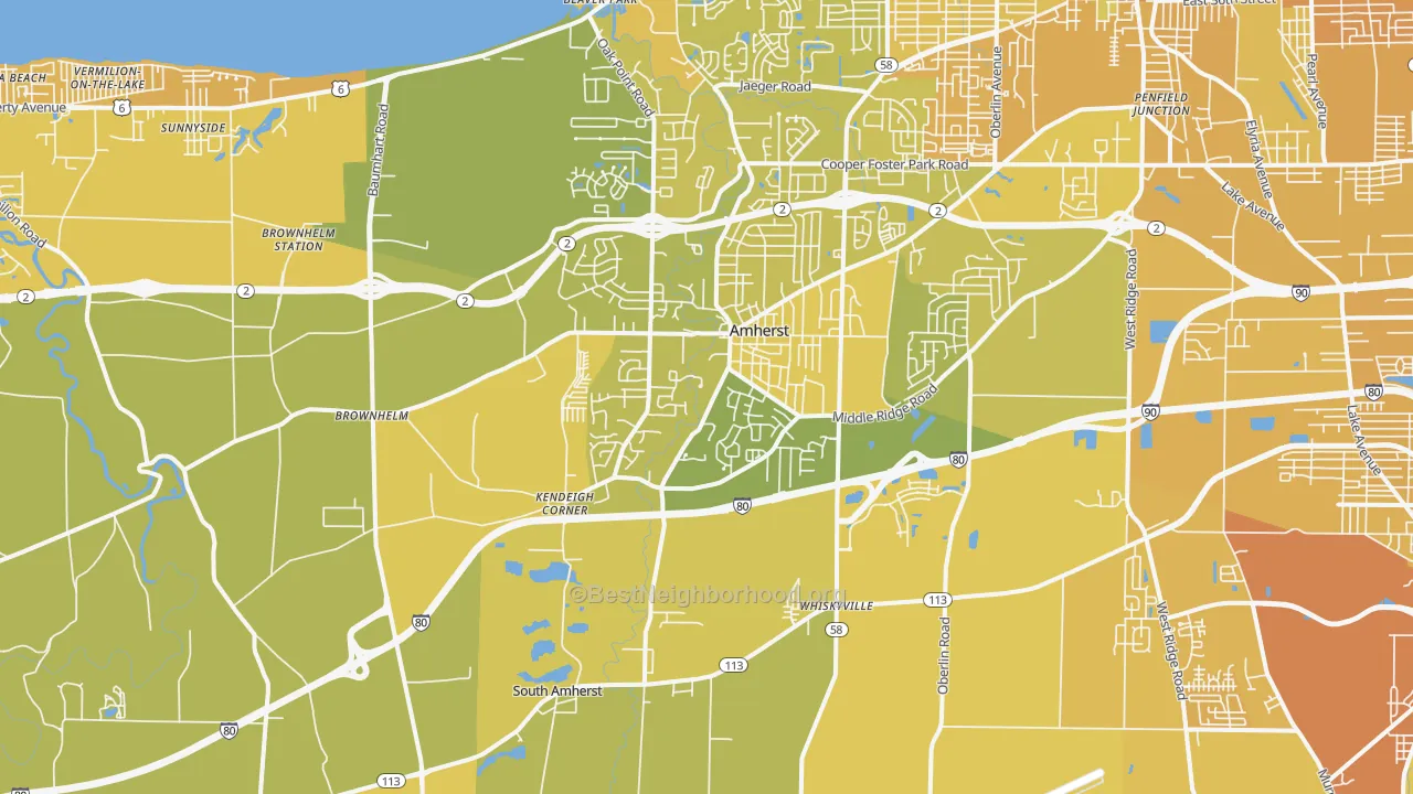 Map of the best neighborhoods in the 44001 area, with better matches in green and worse matches in red