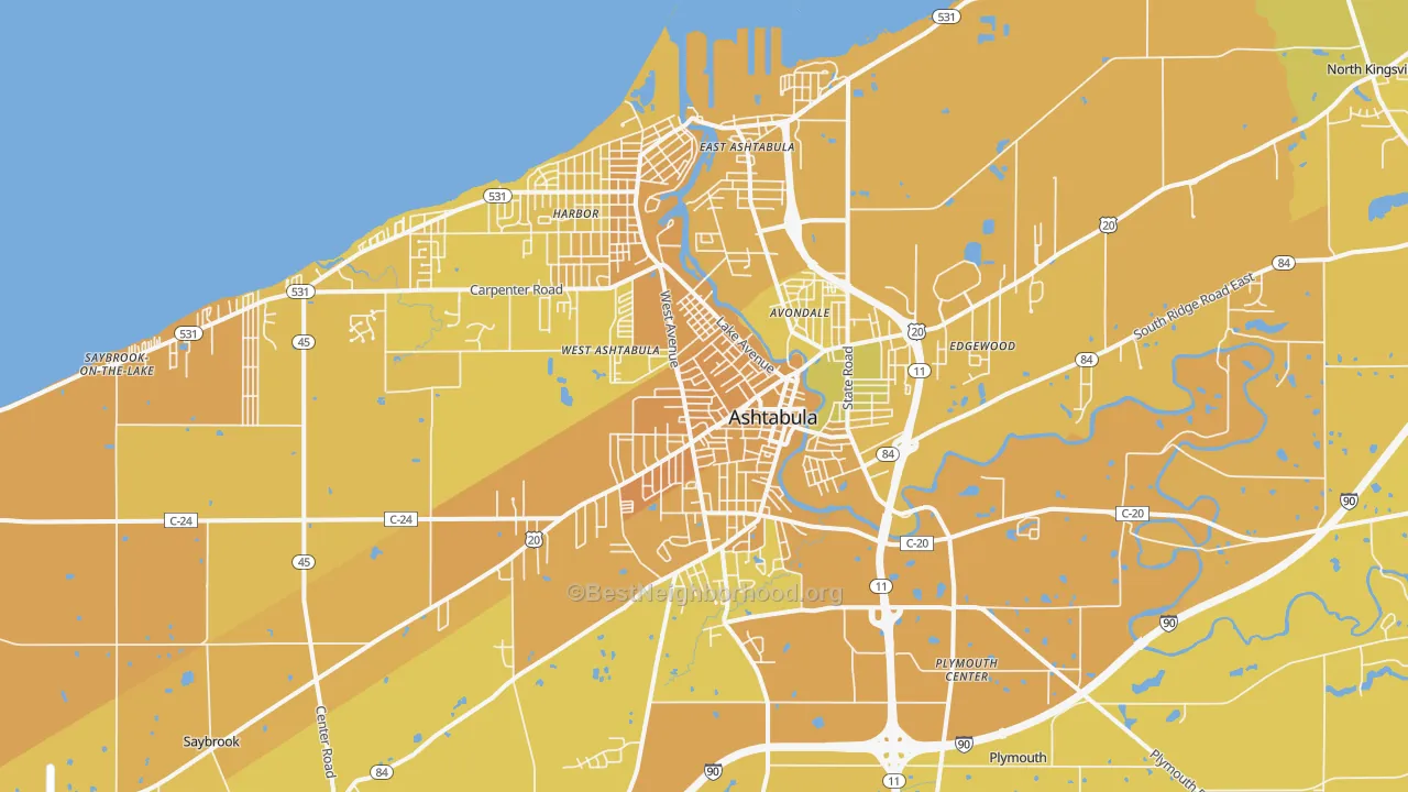 Map of the best neighborhoods in the 44004 area, with better matches in green and worse matches in red
