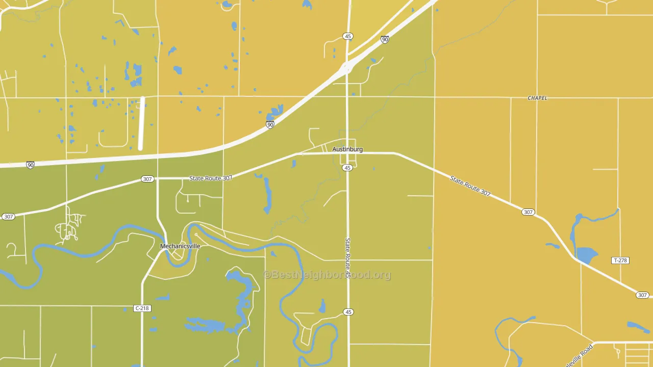 Map of the best neighborhoods in the 44010 area, with better matches in green and worse matches in red