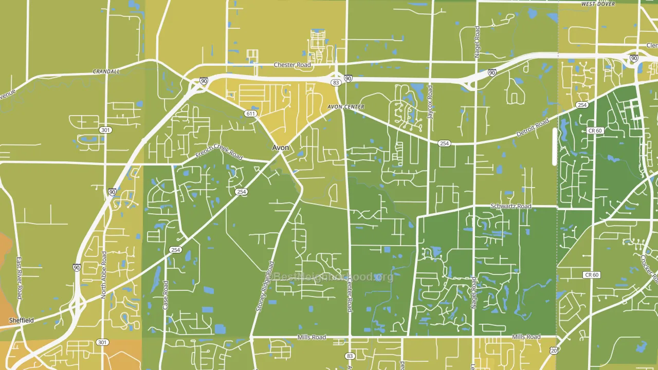 Map of the best neighborhoods in the 44011 area, with better matches in green and worse matches in red