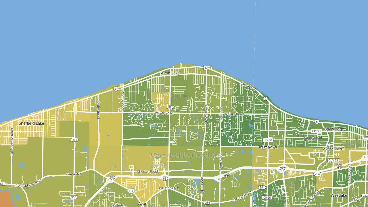 Map of the best neighborhoods in the 44012 area, with better matches in green and worse matches in red