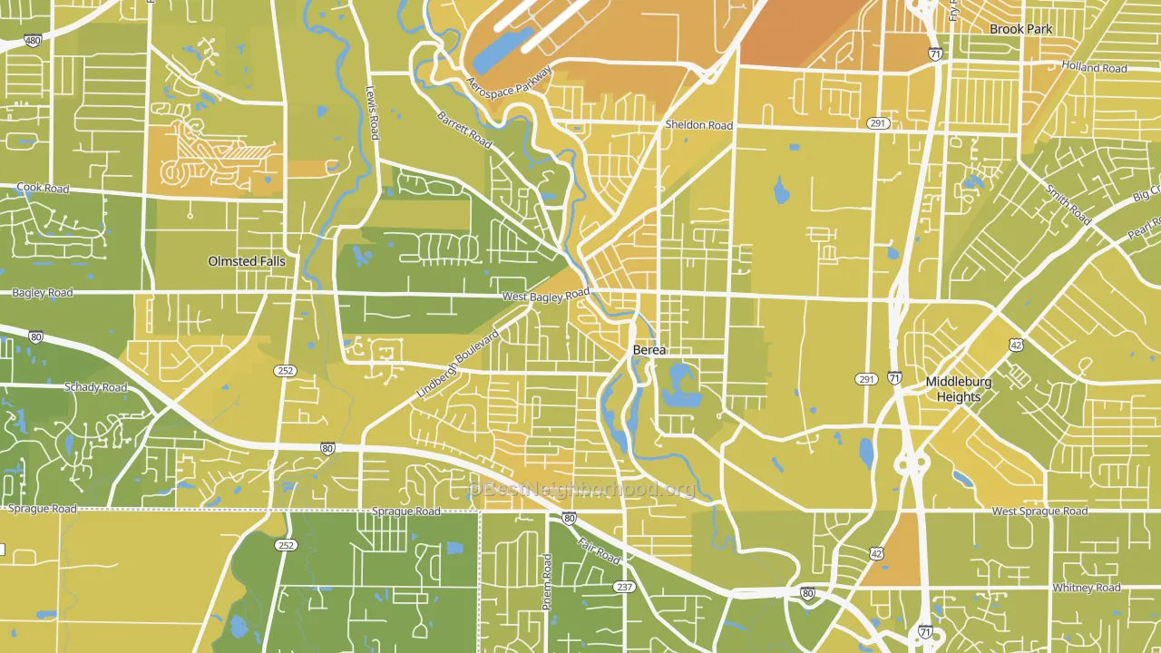 Map of the best neighborhoods in the 44017 area, with better matches in green and worse matches in red