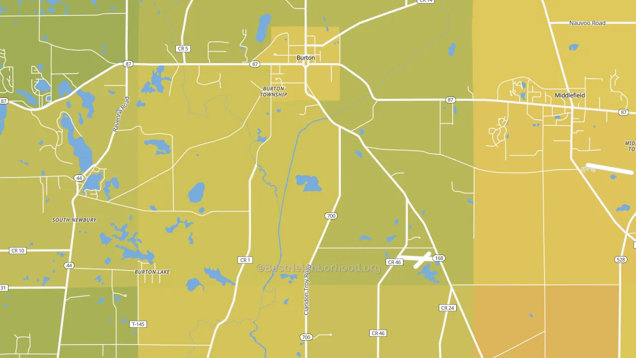 Map of the best neighborhoods in the 44021 area, with better matches in green and worse matches in red