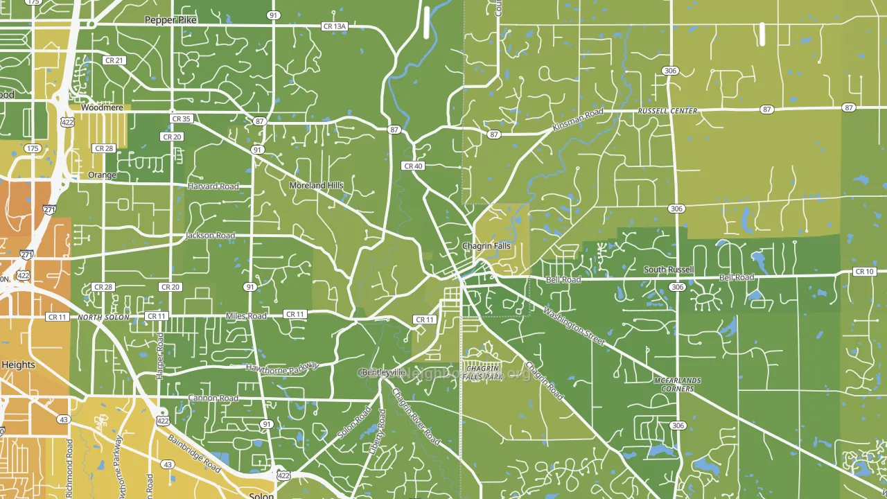 Map of the best neighborhoods in the 44022 area, with better matches in green and worse matches in red