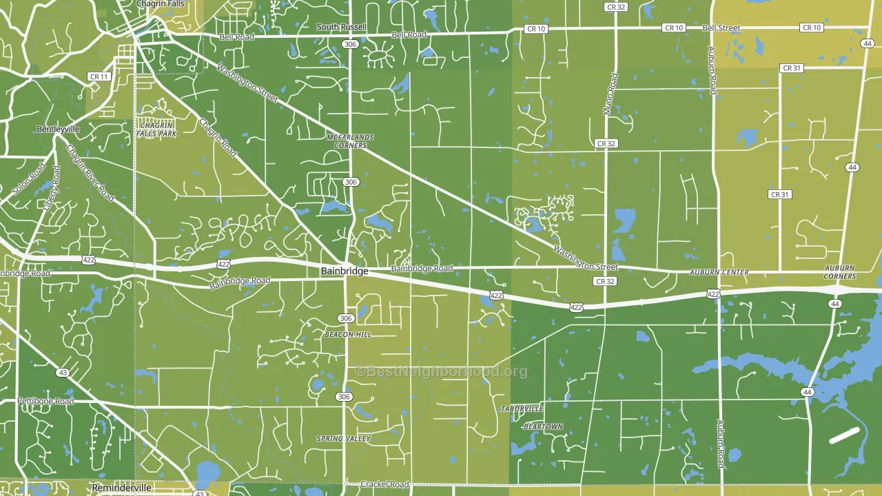 Map of the best neighborhoods in the 44023 area, with better matches in green and worse matches in red