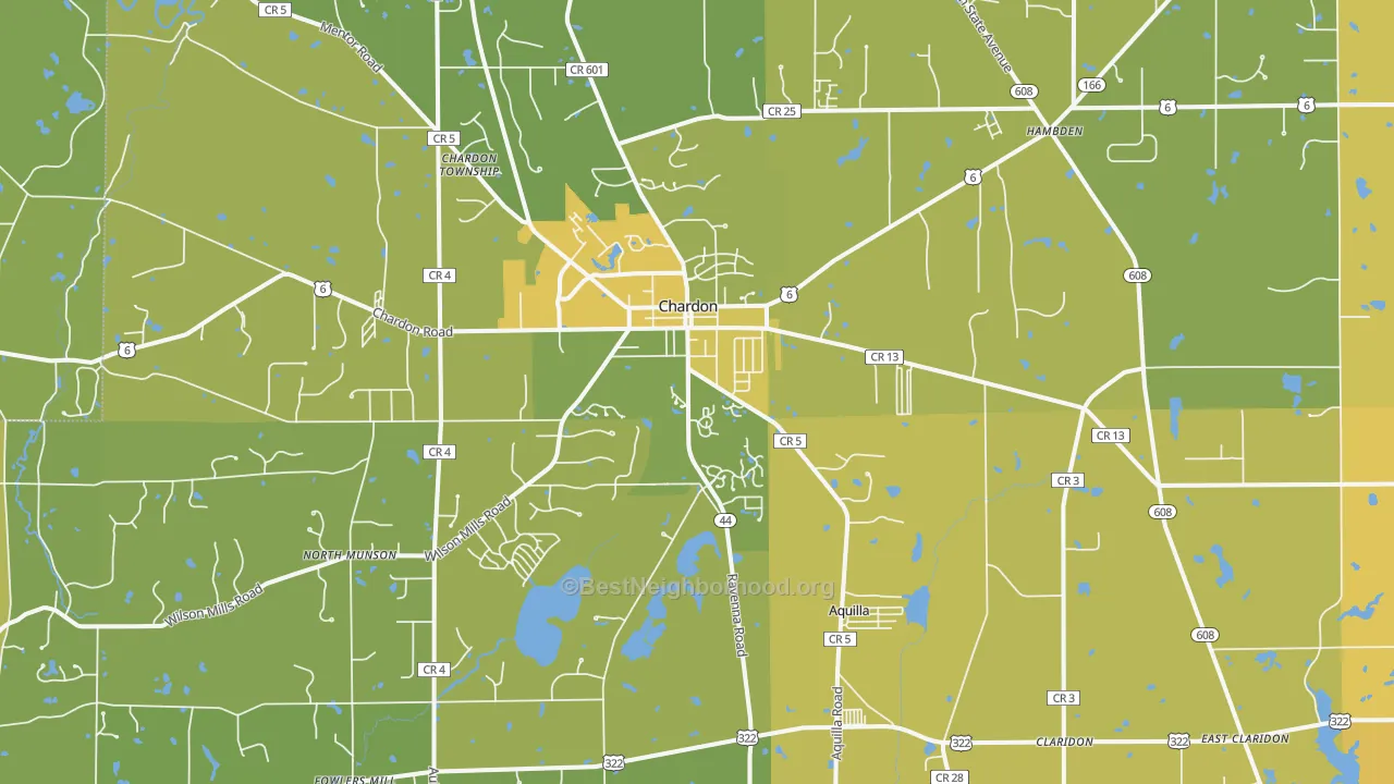 Map of the best neighborhoods in the 44024 area, with better matches in green and worse matches in red