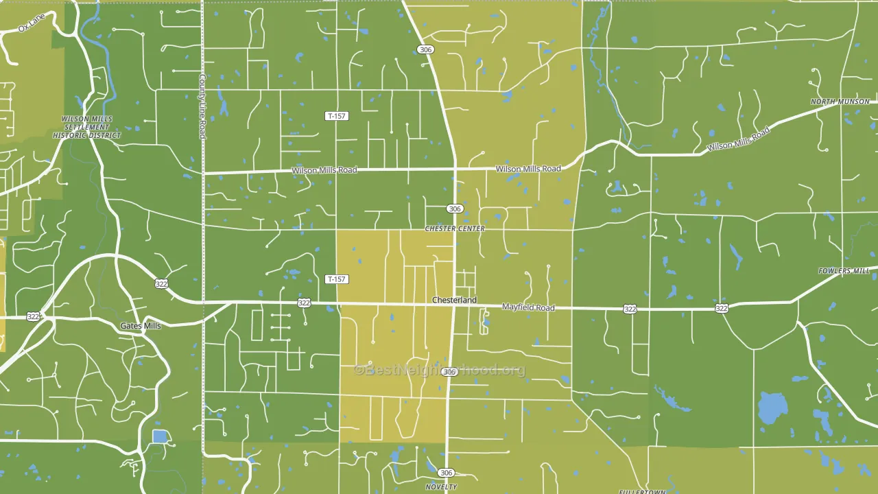 Map of the best neighborhoods in the 44026 area, with better matches in green and worse matches in red