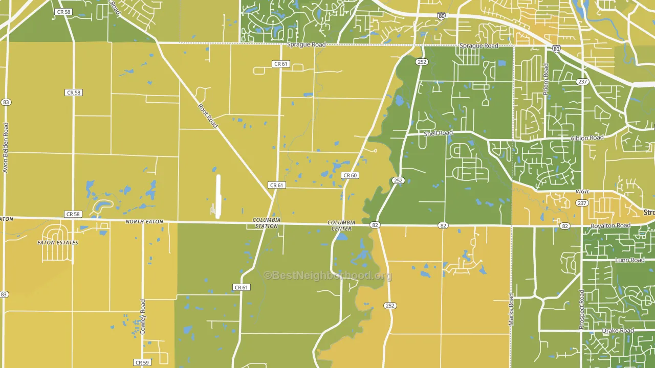 Map of the best neighborhoods in the 44028 area, with better matches in green and worse matches in red