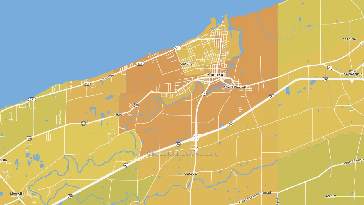 Map of the best neighborhoods in the 44030 area, with better matches in green and worse matches in red