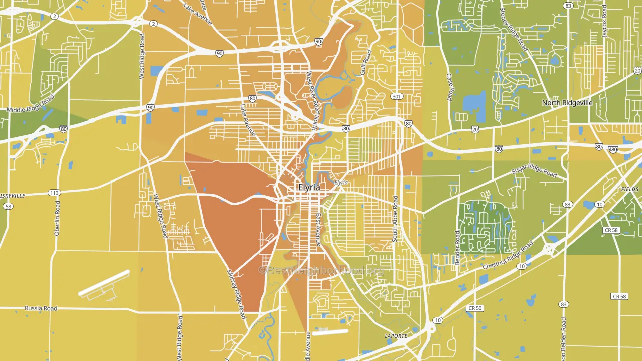 Map of the best neighborhoods in the 44035 area, with better matches in green and worse matches in red