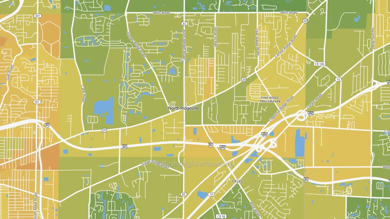 Map of the best neighborhoods in the 44039 area, with better matches in green and worse matches in red