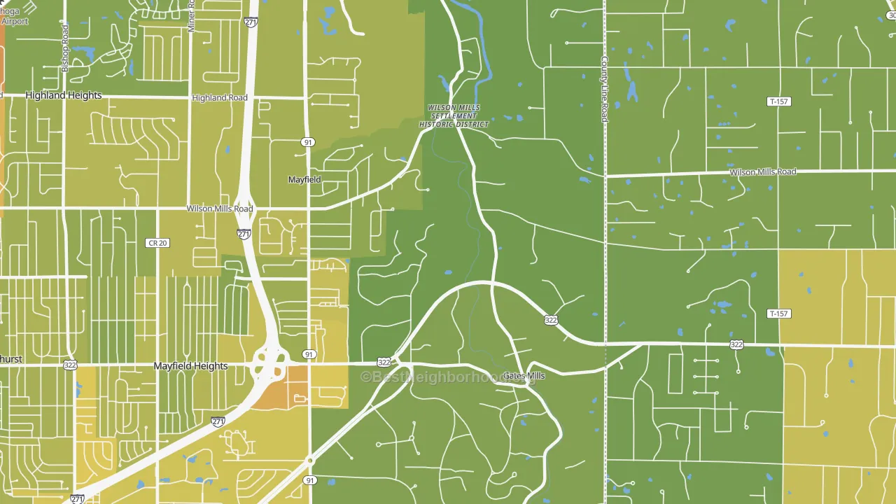Map of the best neighborhoods in the 44040 area, with better matches in green and worse matches in red