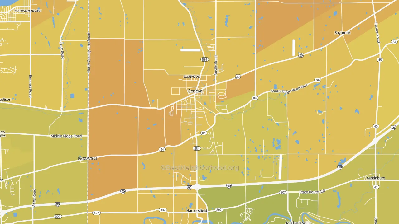 Map of the best neighborhoods in the 44041 area, with better matches in green and worse matches in red